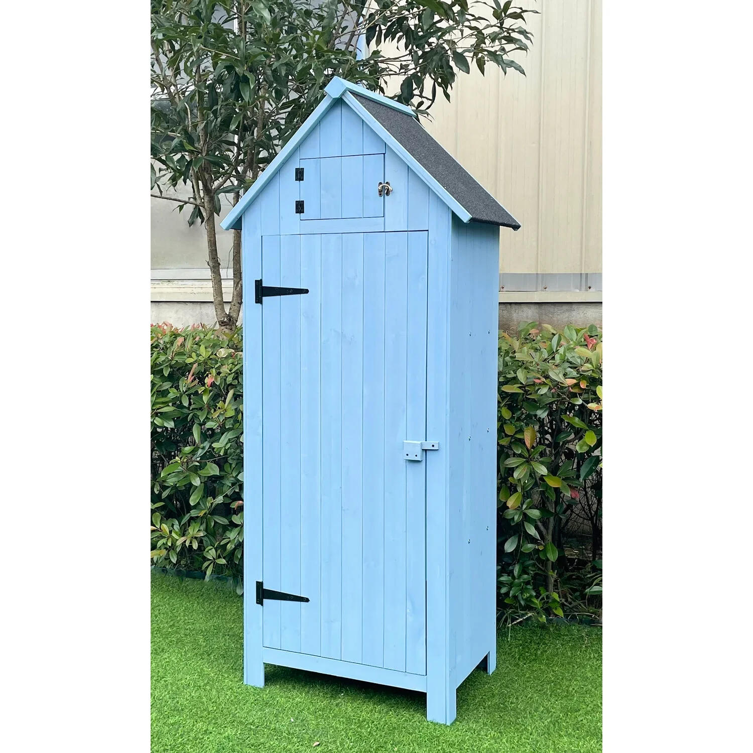 Hanover Sturdy Durable Waterproof Wood Outdoor Vertical Storage Shed, 70.40"x 30.30"x21.30", Blue