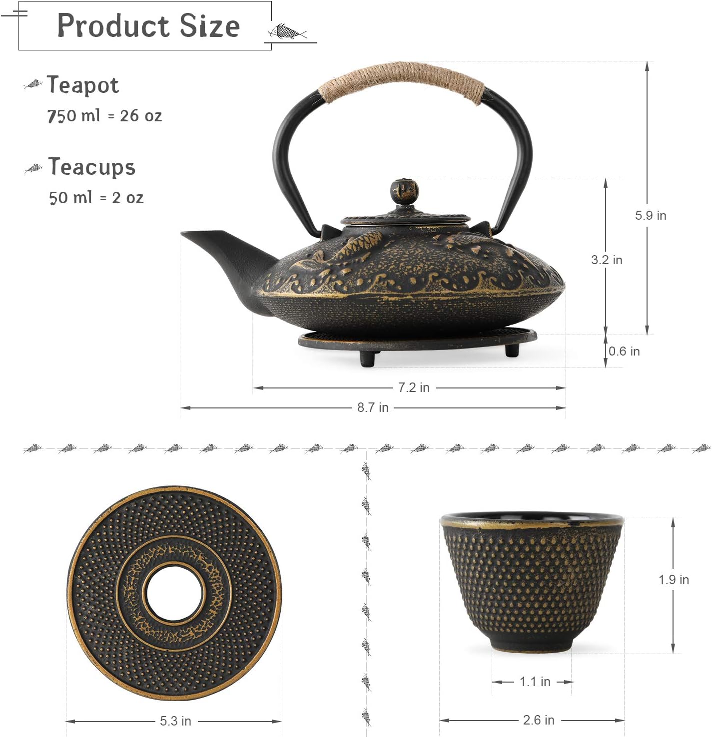 Ufine Koi Fish Cast Iron Teapot Set Stove Top Tea Kettle with 4 Cups Japanese Style Tetsubin Tea Gift Set, 26 oz with Stainless Steel Infuser
