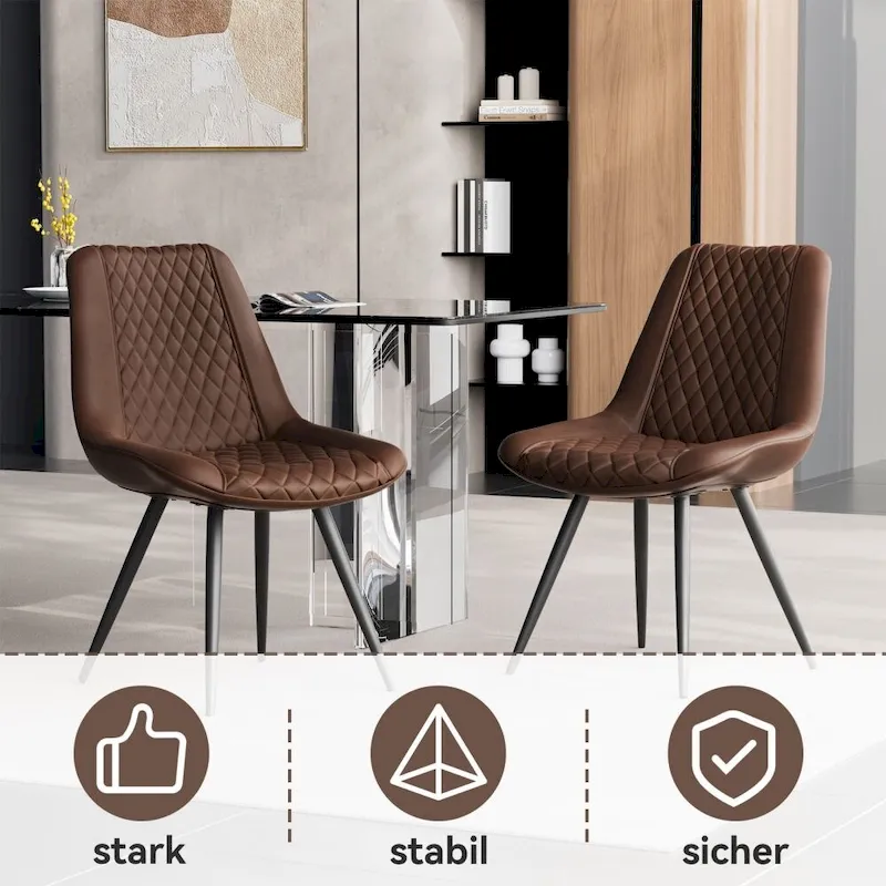 Set of 2 Leather Dining Chairs with Metal Legs