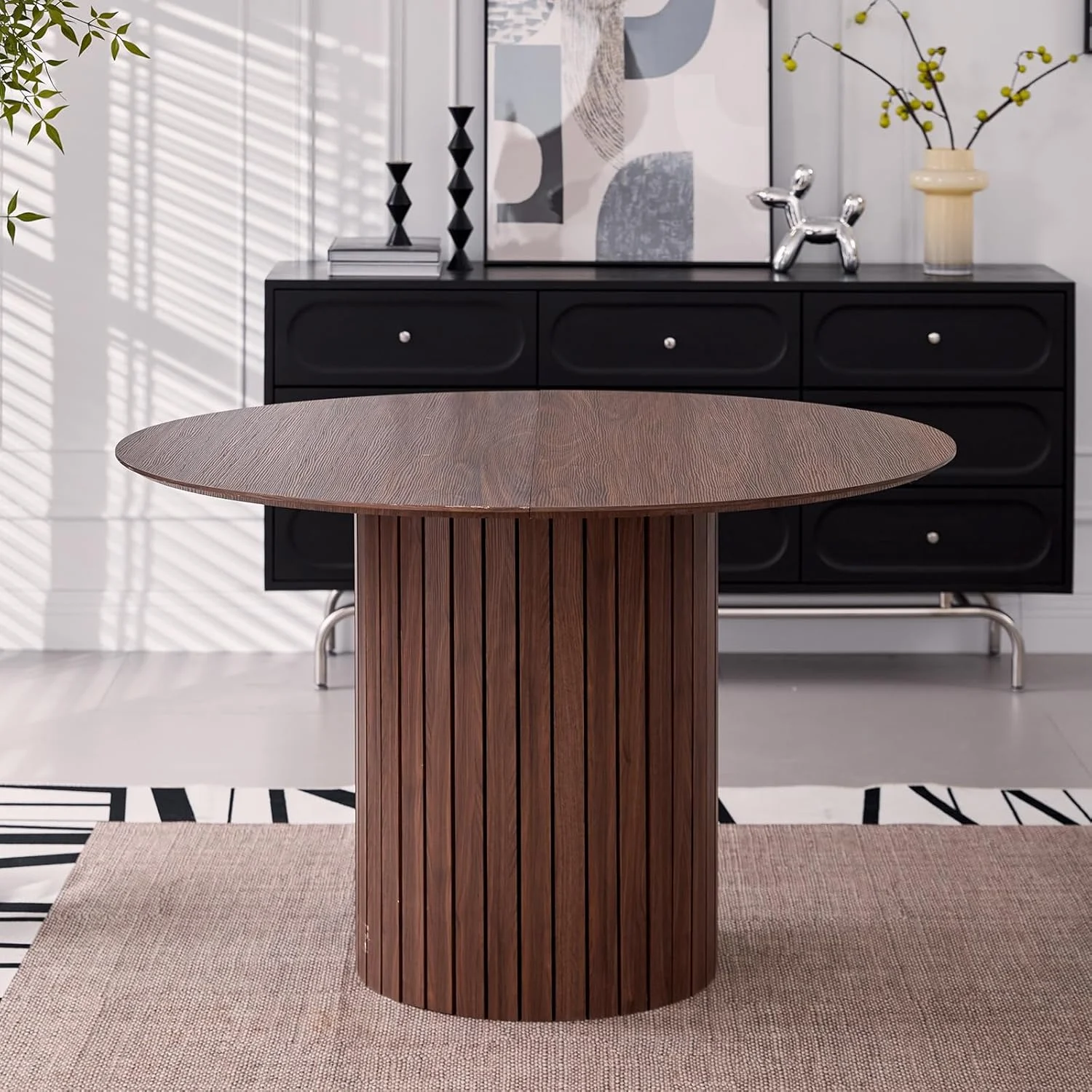 5 Piece Round Dining Table Set - Mid-Century 47 inch Oak Dining Table with 4 Brown Faux Leather Chairs Set, Dinner Table & Chair with Metal Legs for Kitchen Dining Room, Apartment, Bedroom - Image 21