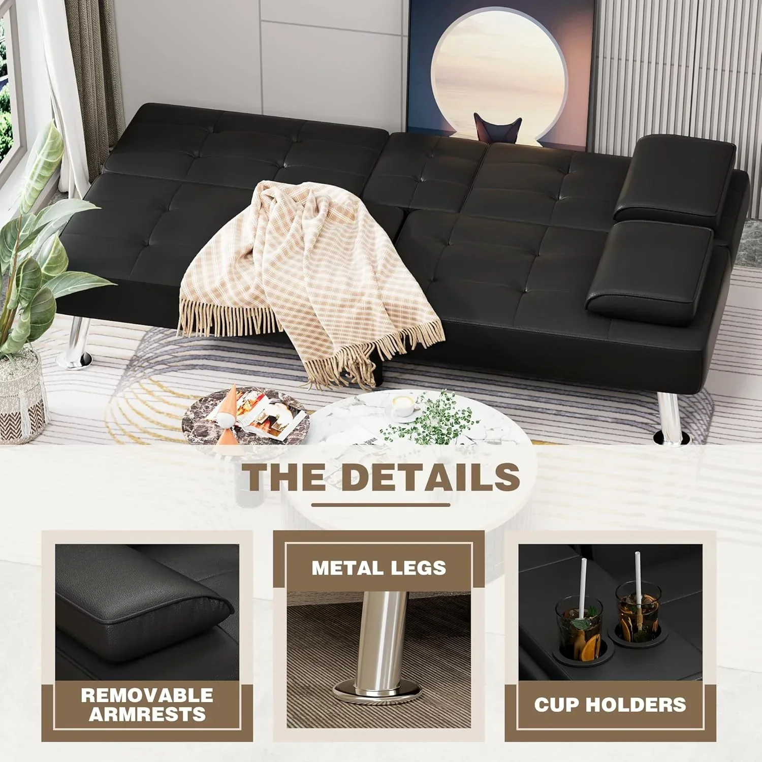 Homall Futon Sofa Bed Leather Futon Couch with Armrests Adjustable Recliner Sleeper Sofa Bed