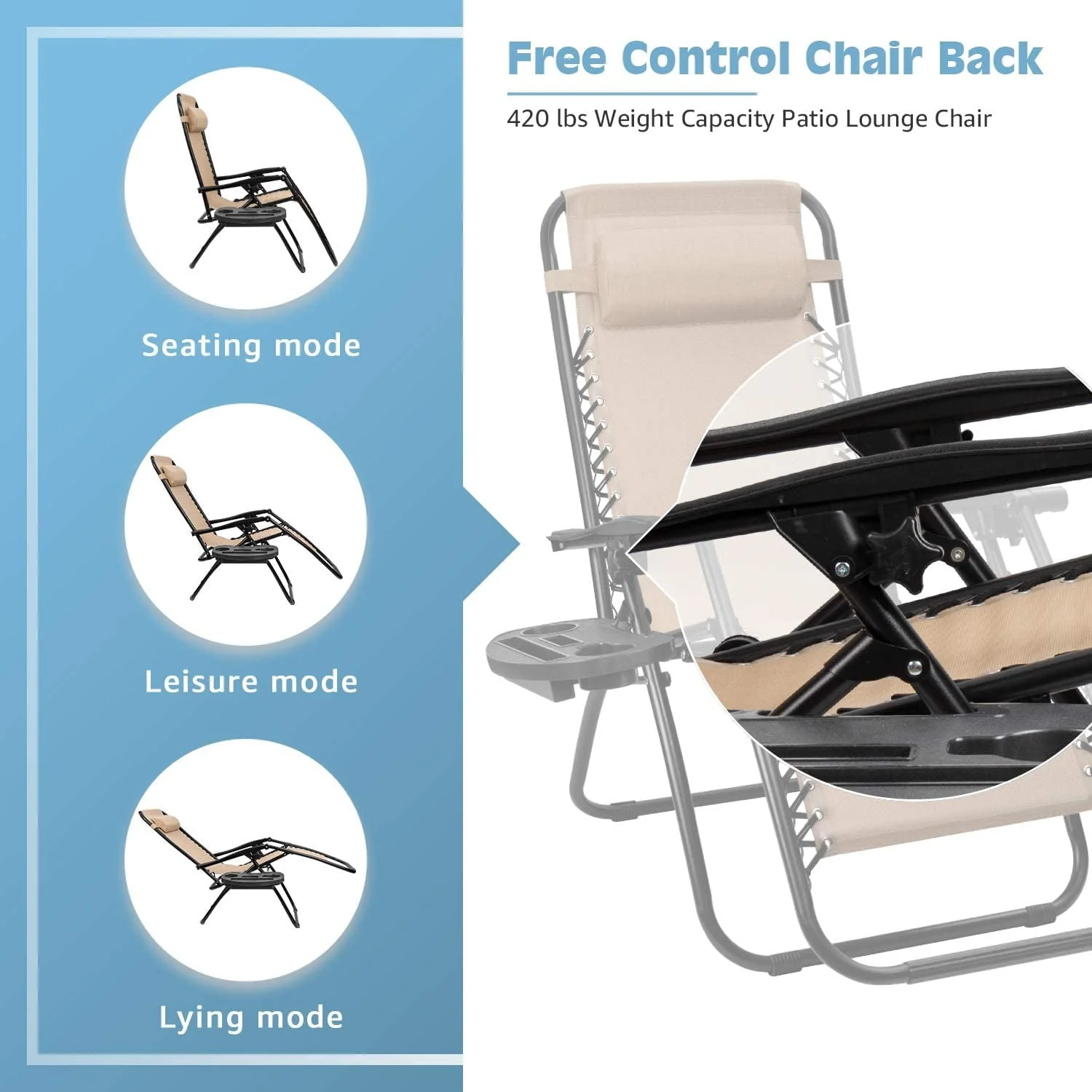 Vineego 3 Pieces Zero Gravity Chair Patio Foldable Chaise Lounge Chairs 2 Beach Chairs and Table with Cup Holders,Beige - Image 9