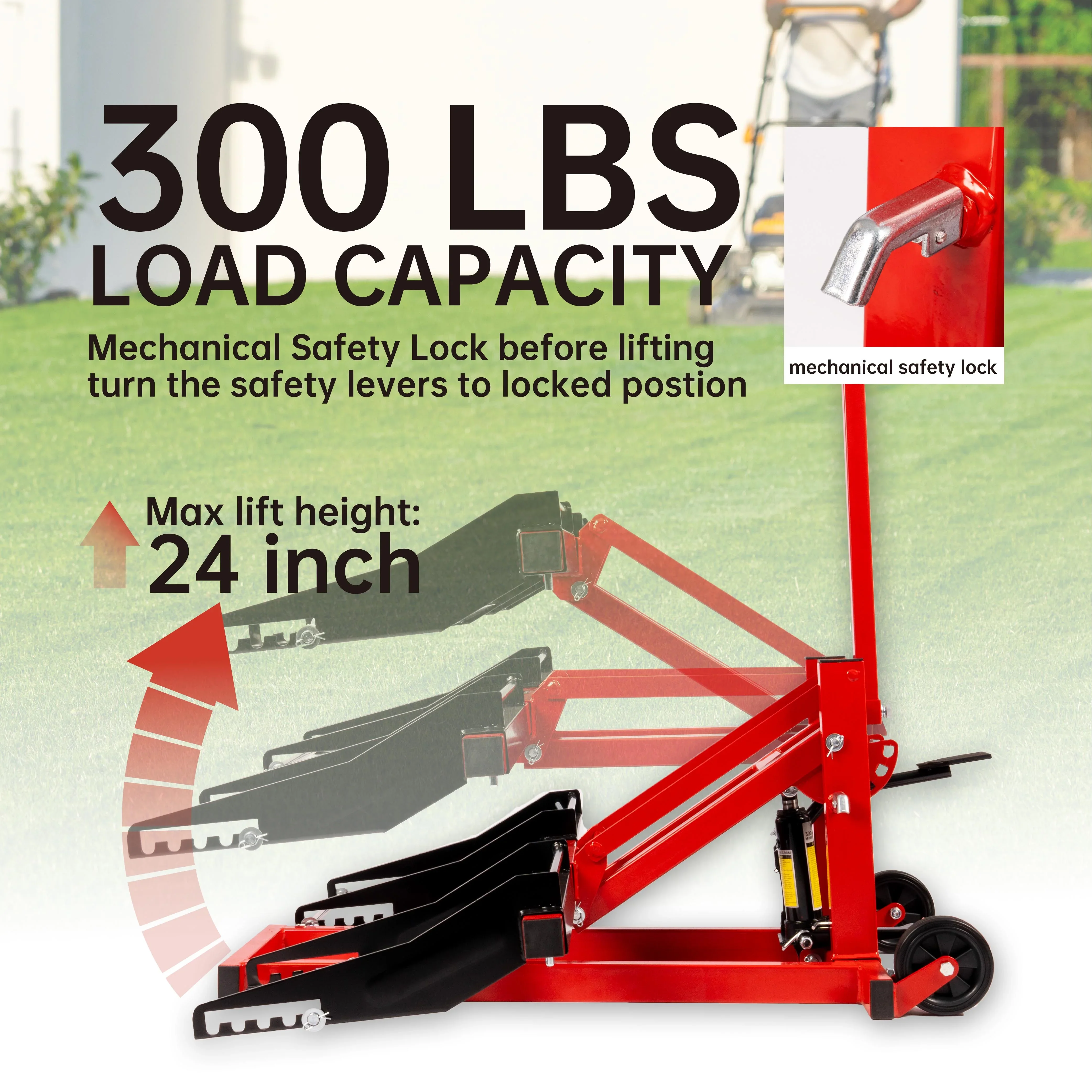 300lb Capacity, Adjustable Riding Lift Jack Heavy Duty Construction with Safety Lock, Non-Slip Wheels&Handle for Tractors, Atvs and Zero Turn Lawn Mowers