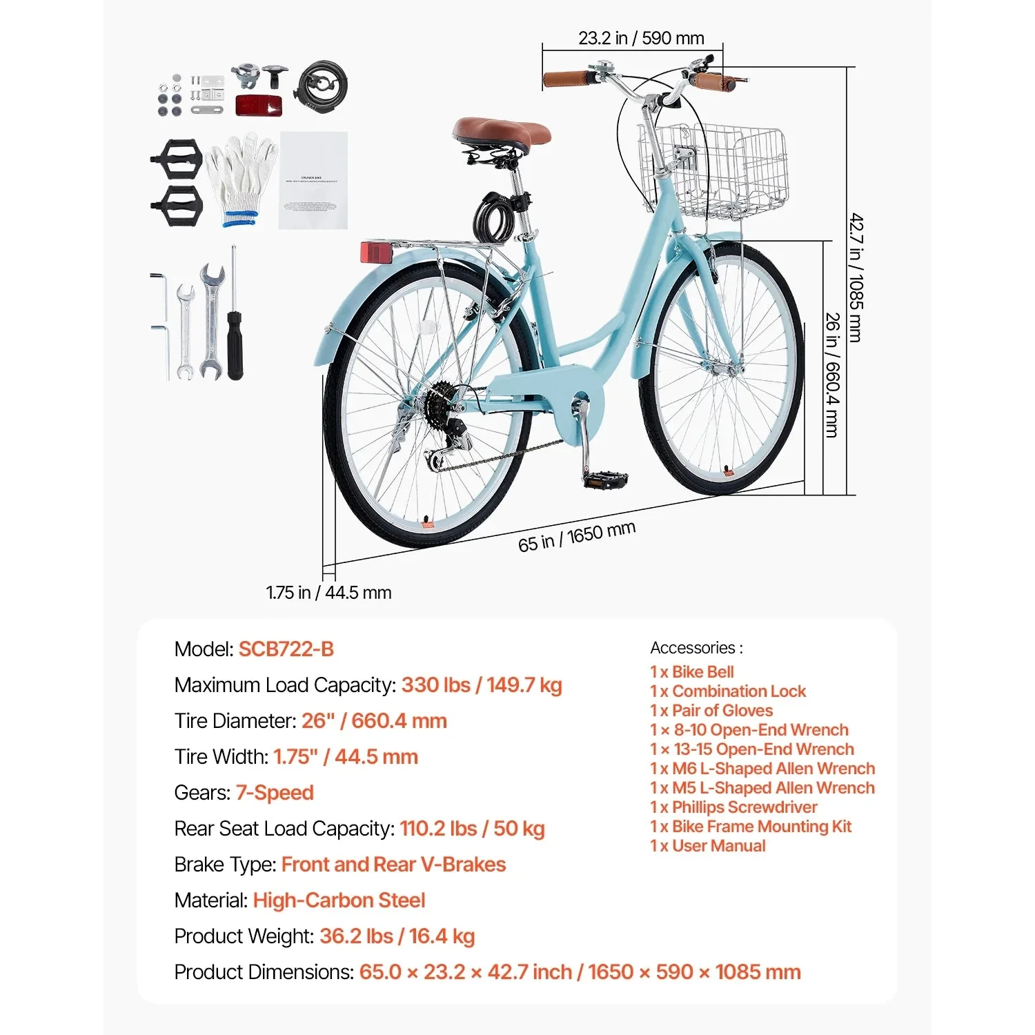 KFFKFF 26 in 7-Speed Cruiser Bike, Pale Blue With Front Basket And Rear Rack - SCB722-B - Image 7 KFFKFF 26 in 7-Speed Cruiser Bike, Pale Blue With Front Basket And Rear Rack - SCB722-B - Image 7
