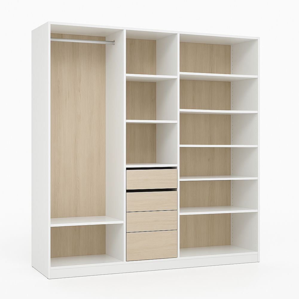 Armario modular de almacenamiento, revestimiento en melamina, diseño contemporáneo, con cajones y espacio para colgar