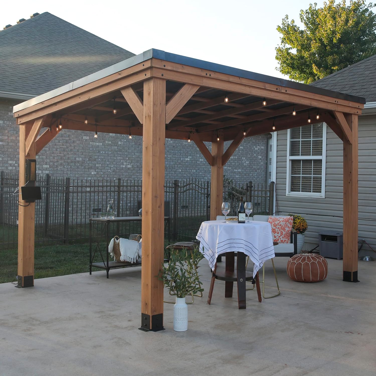 WAYFAIR Backyard Discovery Saxony XL 12' X 6' Cedar Wood BBQ Grill Gazebo Pavilion With Hardtop Galvanized Steel Roof, Bar Tops, Powerport, Snow Support, Wind Resistance, Cook Station For Outdoor Patio, Deck