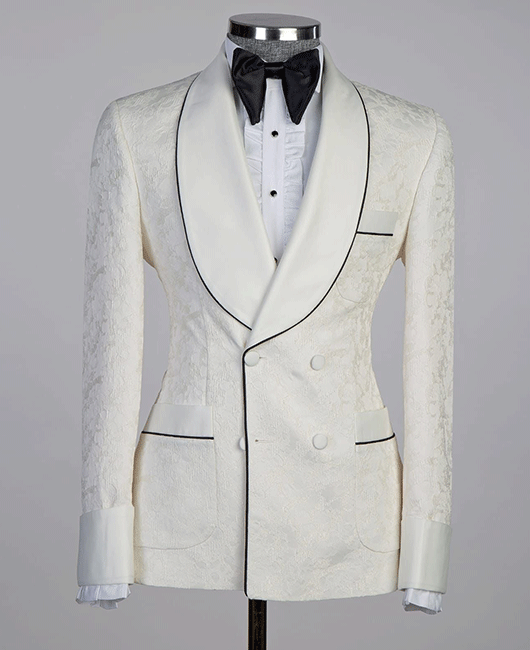 OK Elegant Plain Jacquard Contrast Binding Shawl Lapel Belted Tuxedo