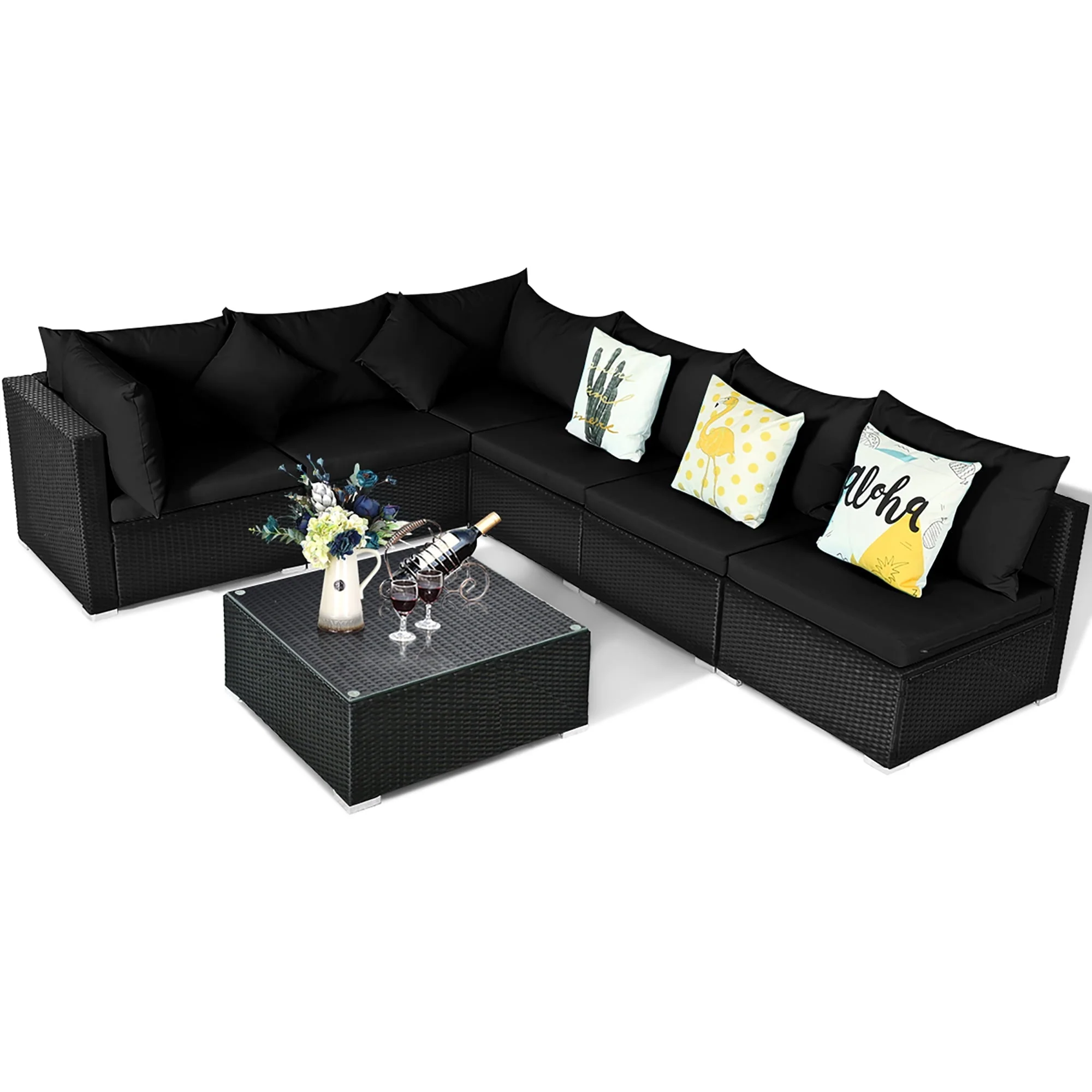 Costway 7PCS Patio Rattan Sofa Set Sectional Conversation Furniture Set Garden Black - Image 4
