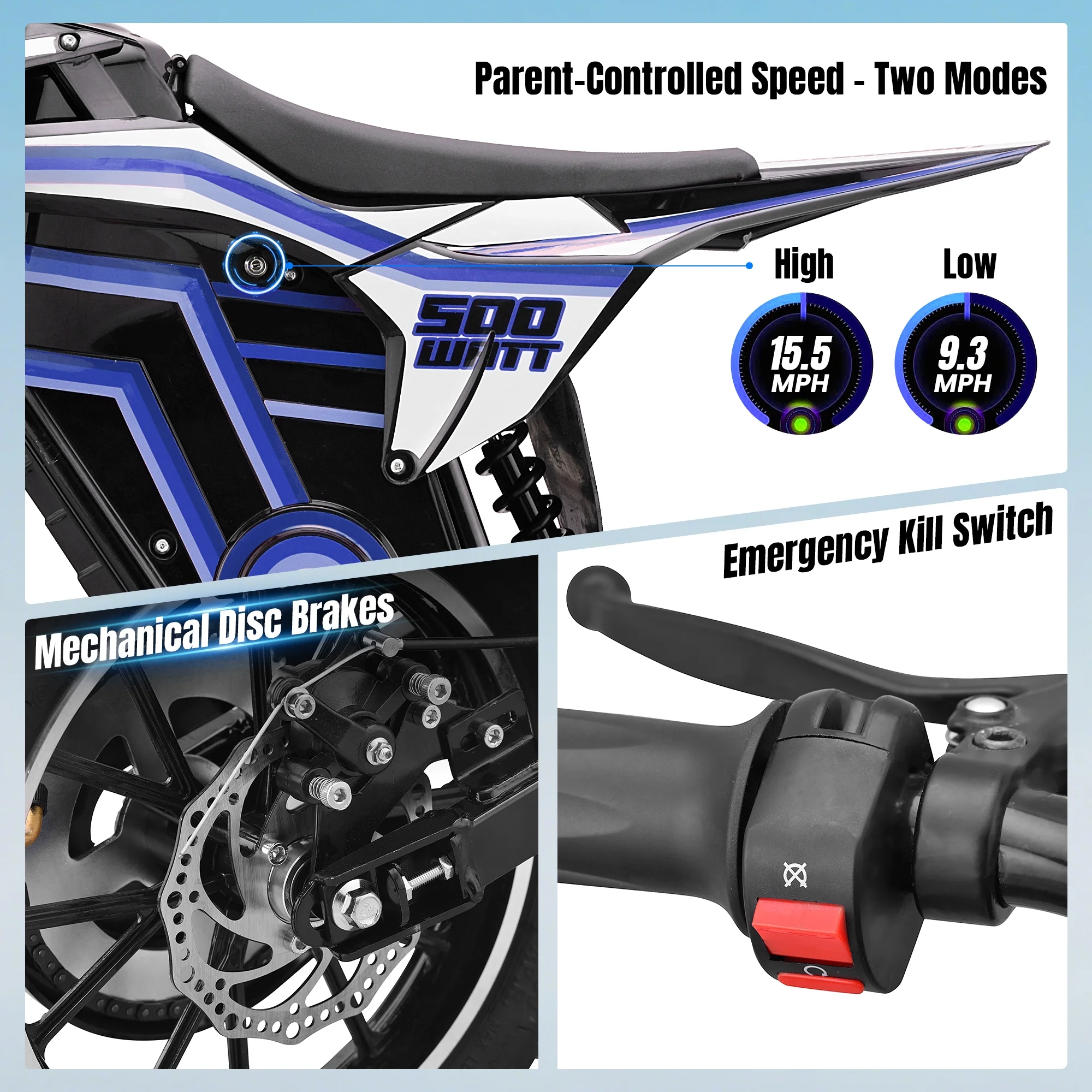 QEASET electric dirt bike, 500W kids dirt bike for Boys Girls Age 8-14, Blue - Image 4