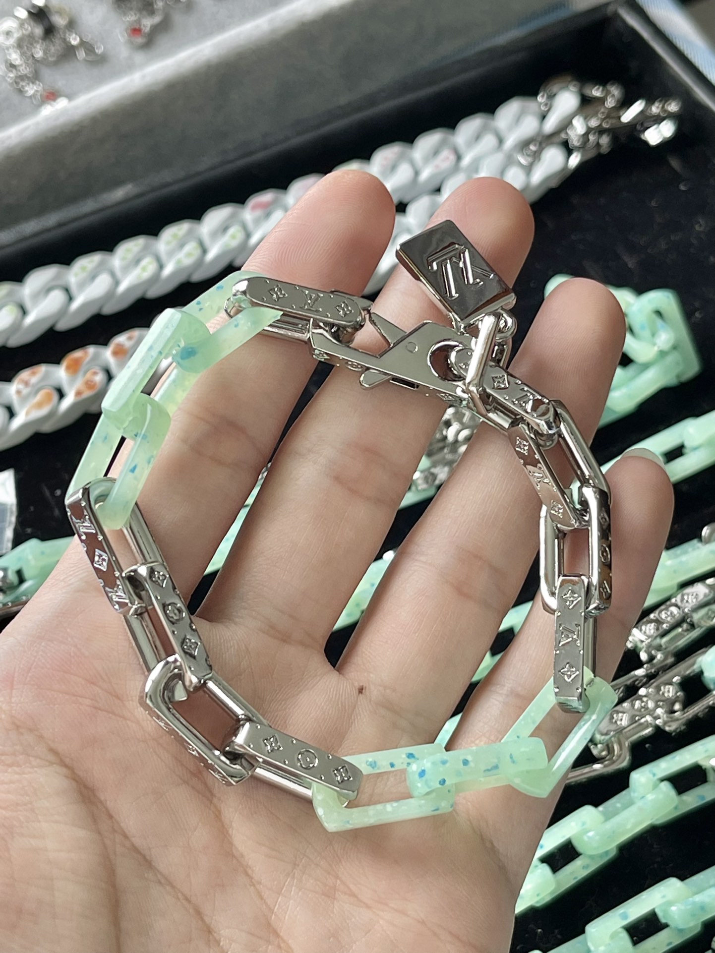 Louis Vuitton Green Silver Monogram Mens Bracelet - Original Replica Club