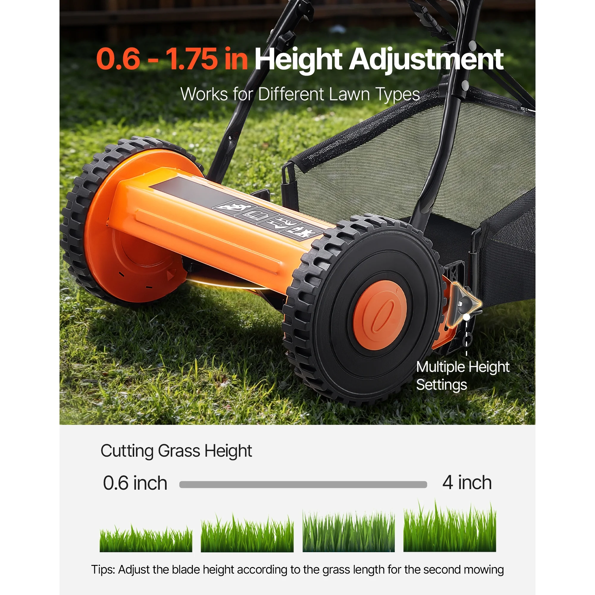 KFFKFF 16-Inch Manual Push Reel Lawn Mower, 5-Blade Design, Adjustable Cutting Height from 0.6 to 1.75 Inches, Walk-Behind Mower with Grass Collection Bag for Lawns, Driveways, and Courtyards - Image 6