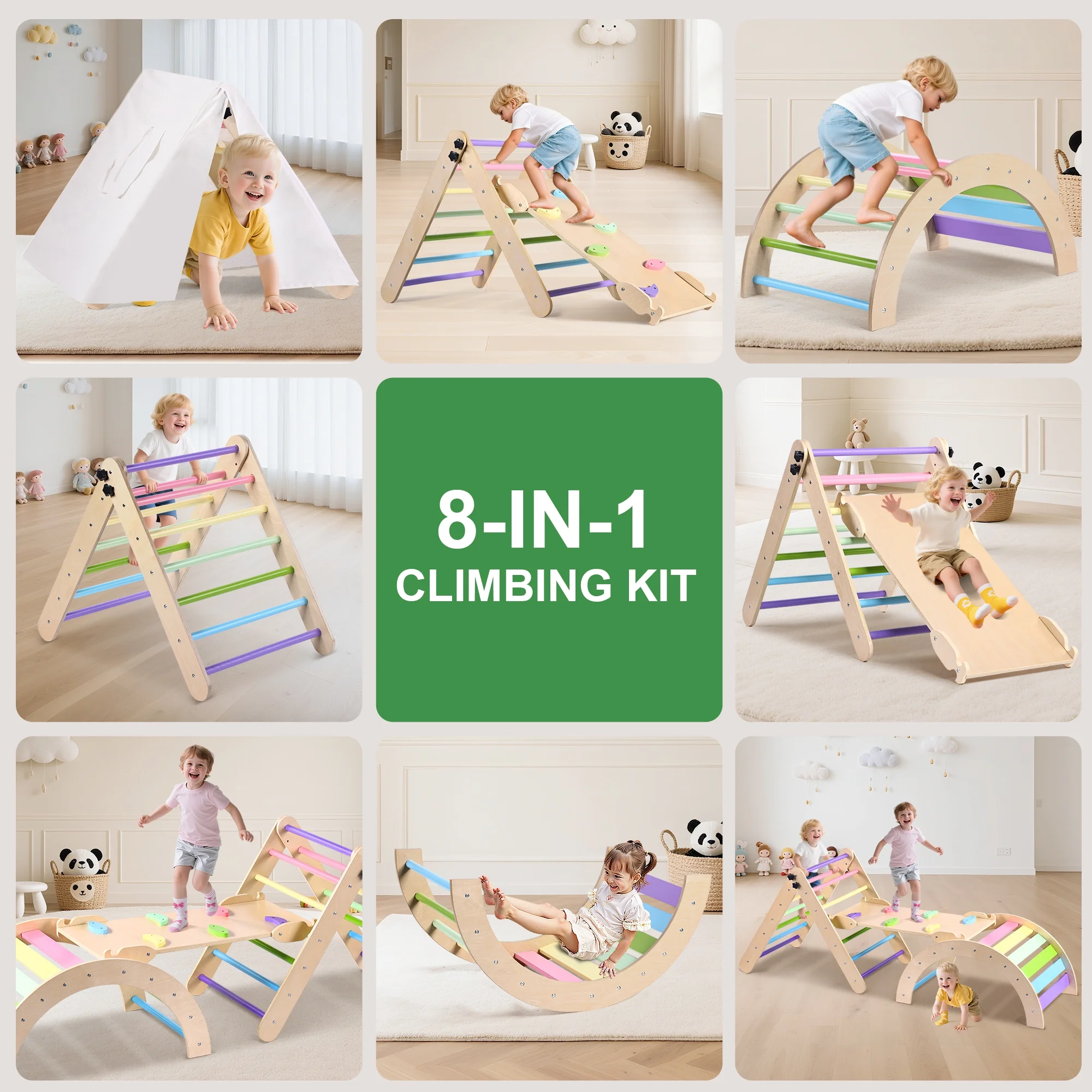 Lookfly 8 in1 Pikler Triangle Set Foldable Baby Climbing Toys for Toddlers 1-6 Inside with Ramp,Toddler Climbing Toys Indoor Baby Gift - Image 11
