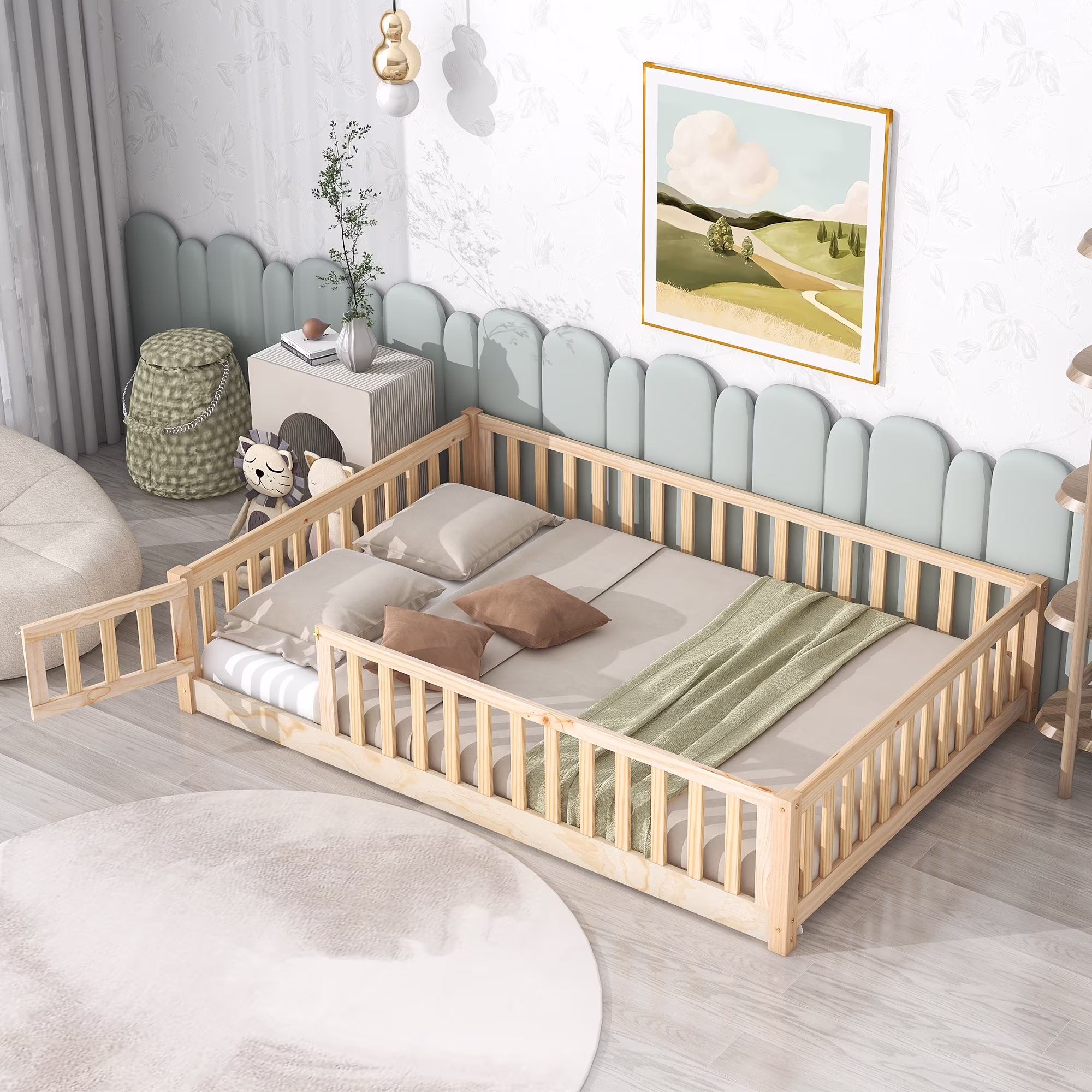 UHOMEPRO Twin Size Floor Bed with Door and Fence, Montessori Floor Bed with Slats and Safety Guardrails, Solid Wood Twin Bed Frame for Bedroom, White - Image 3