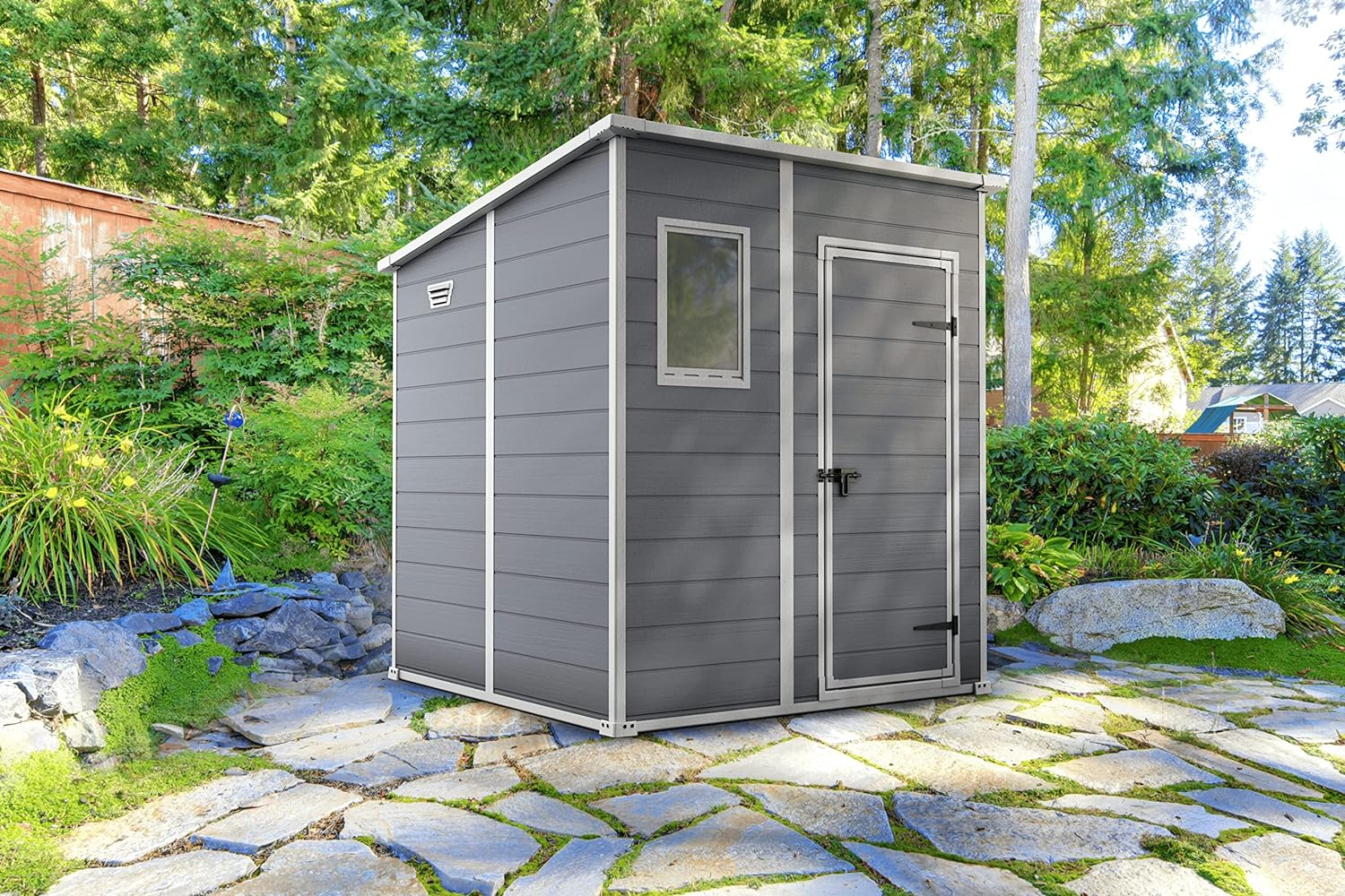Keter Manor Outdoor Pent Single Door Garden Storage Shed 6 x 6ft Beige Brown Wood effect