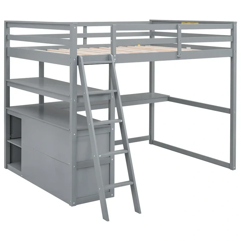 Gray Full-Size Loft Bed with Desk, Shelves, and Two Built-In Drawers