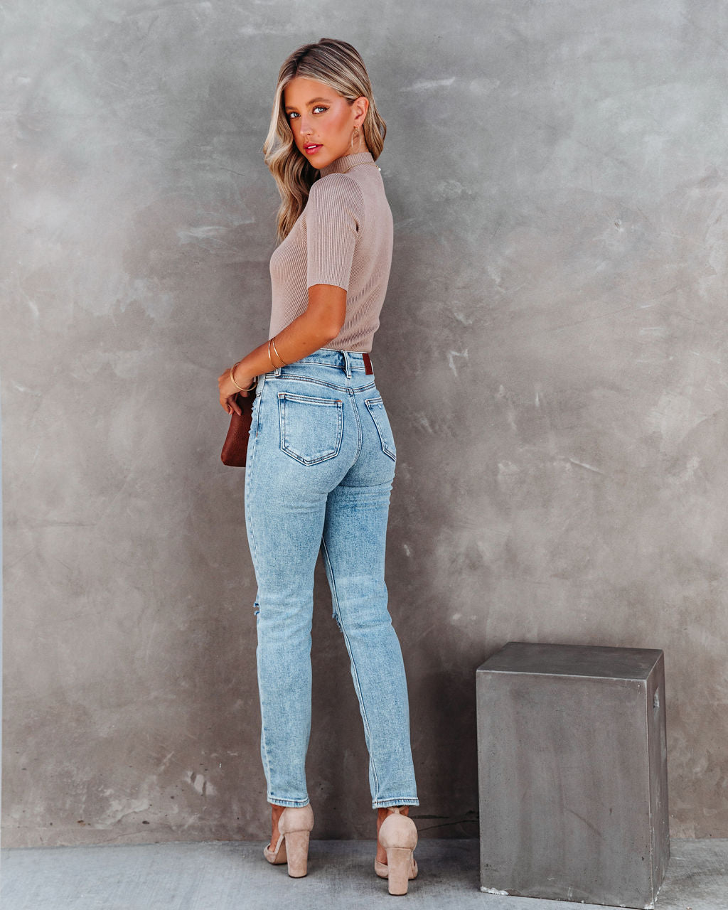 September Mock Neck Ribbed Knit Top - Taupe - Se7enfashion