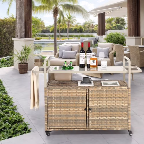 Yiweny Outdoor Rolling Wicker Bar Cart, Large Portable Outdoor Wicker Bar Table with Cabinet Storage and Glass Countertop, Patio Wicker Serving Bar Cart for Pool, Party, Backyard, Black - Image 3