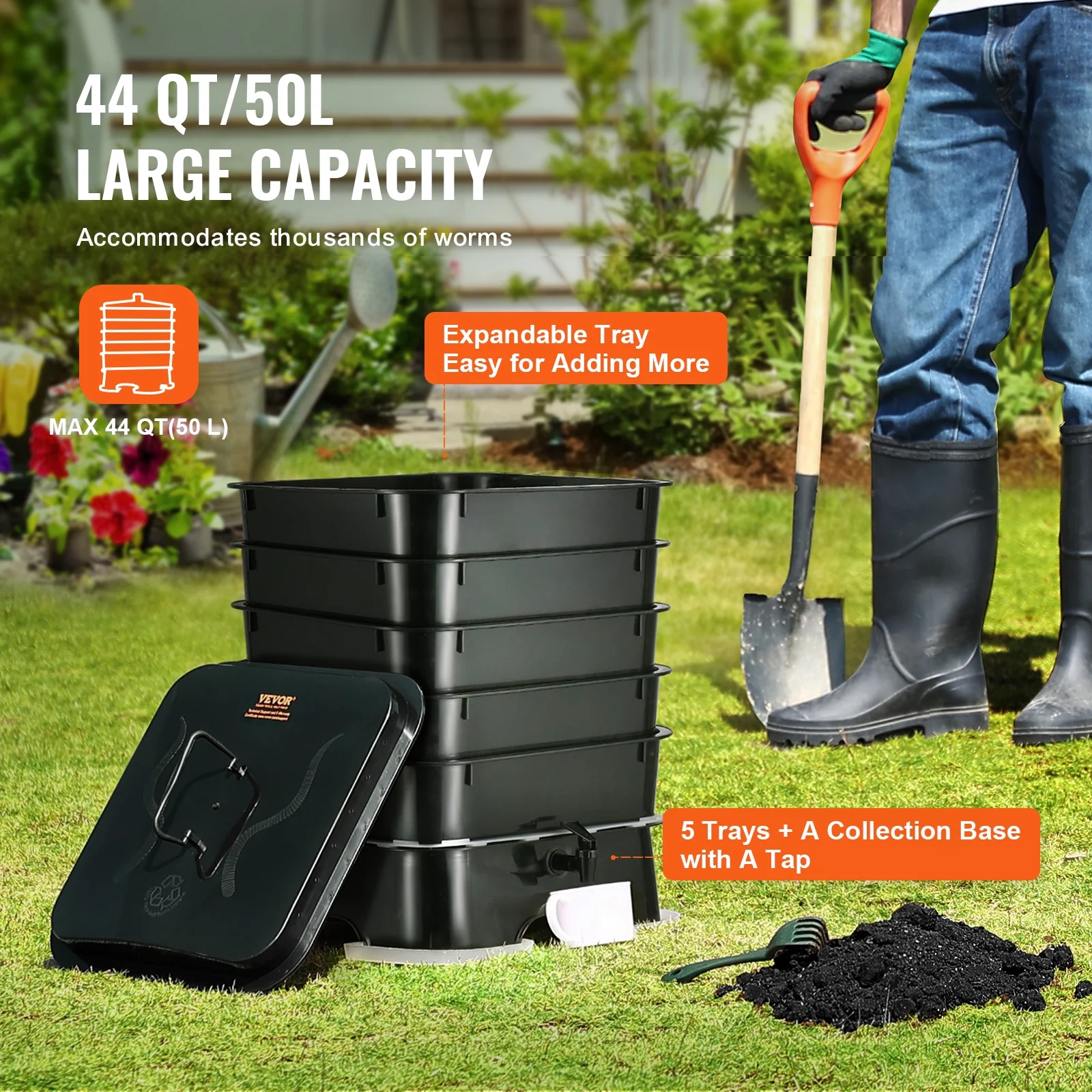 VEVOR 5-Tray Worm Composter, 50 L Worm Compost Bin Outdoor and Indoor, Sustainable Design Worm Farm Kit, for Recycling Food Waste, Worm Castings, Worm Tea, Vermiculture and Vermicomposting - Image 3