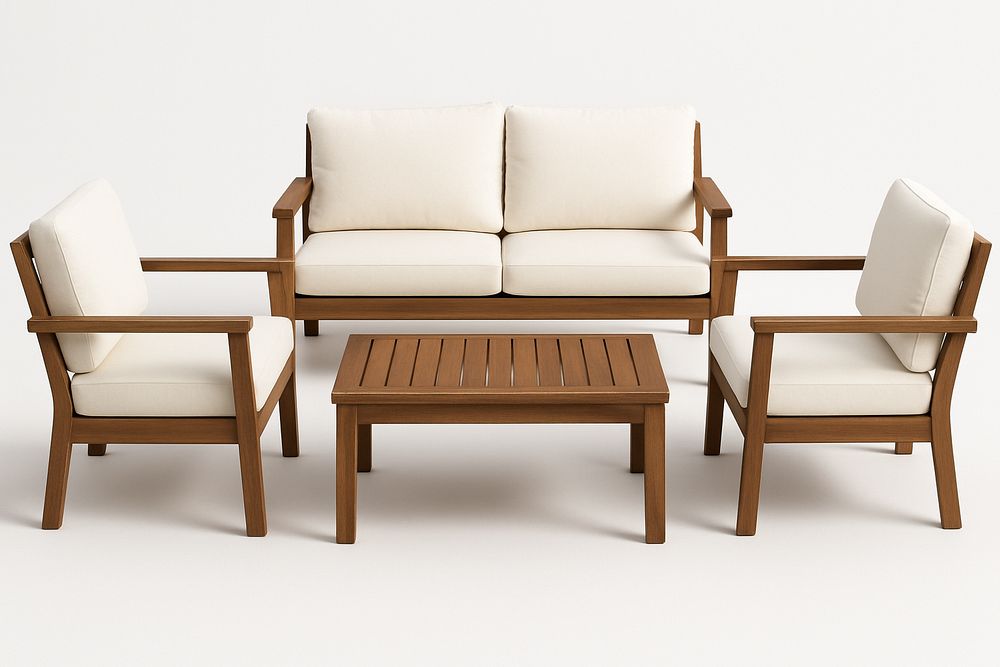 Set de muebles de jardín de madera maciza de eucalipto, sofá doble, sillón y mesa, diseño clásico y resistente