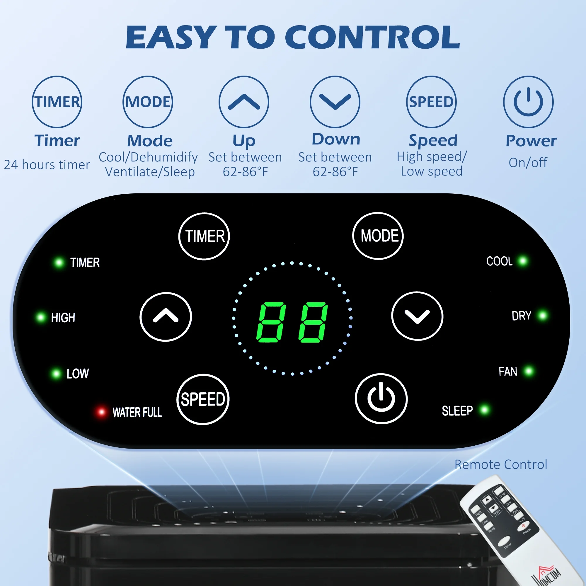 HOMCOM 8,000 BTU Portable Air Conditioner Fan with Remote for Rooms Up to 344 Sq. Ft., Evaporative Cooler, Home AC Unit with Dehumidifier, Black - Image 6