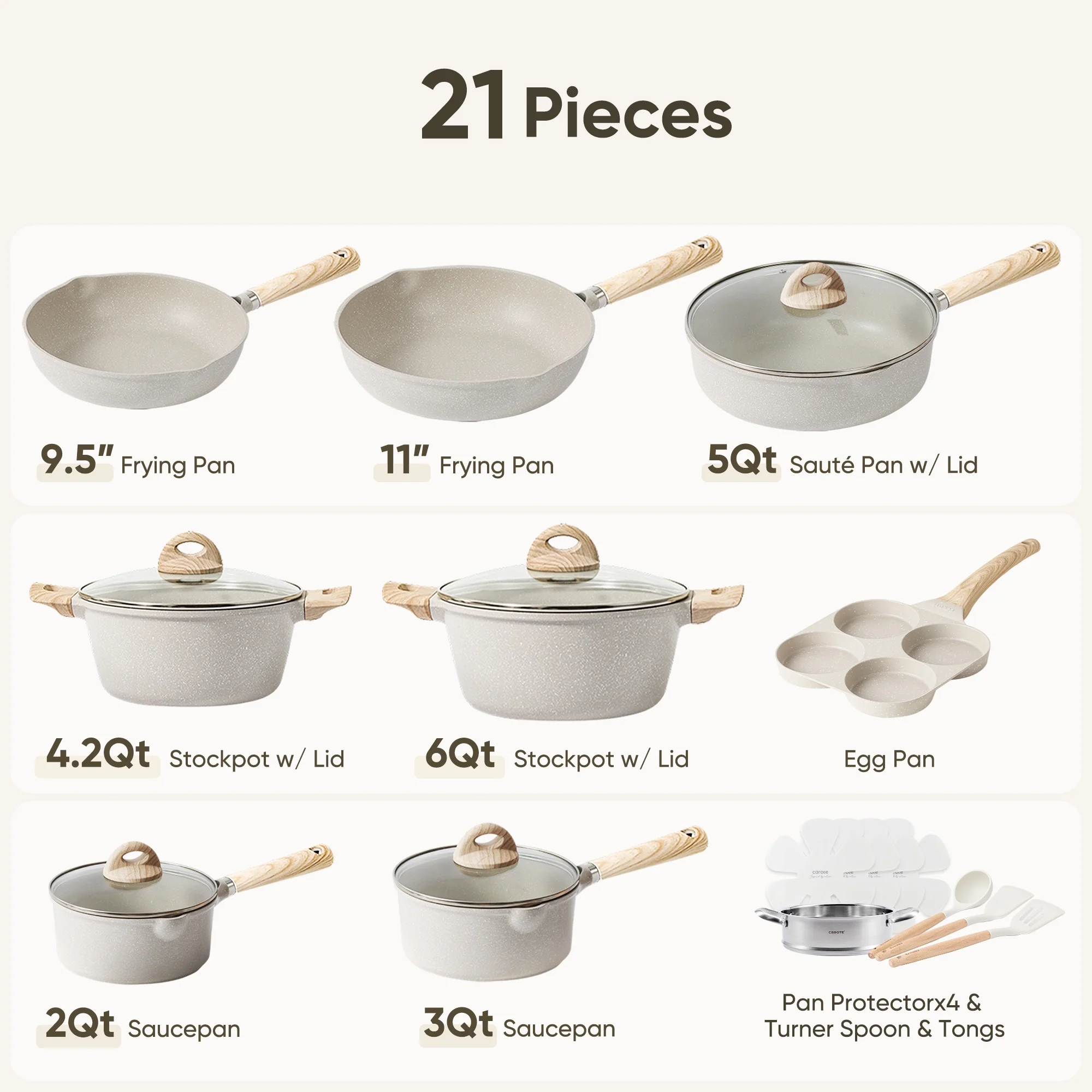 Carote Nonstick Cookware Set 21-Piece,Kitchen Pots and Pans Set,Stay-Cool Handles, Induction Compatible,Cookware Set for RV and Camping,Beige - Image 2