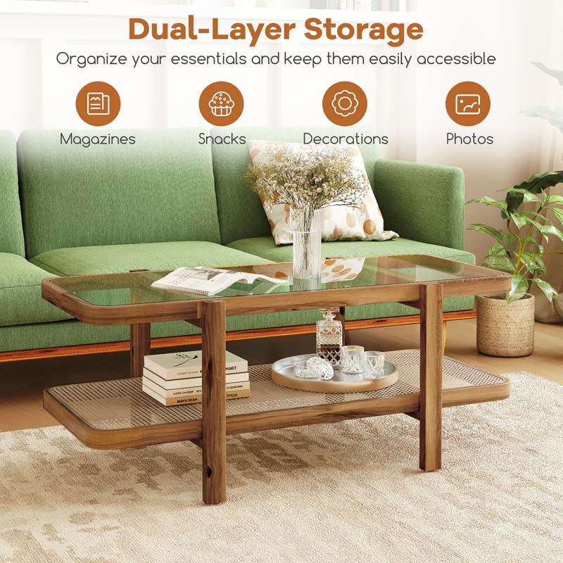 Eletriclife 2-Tier Coffee Table with Storage and Tempered Glass Tabletop