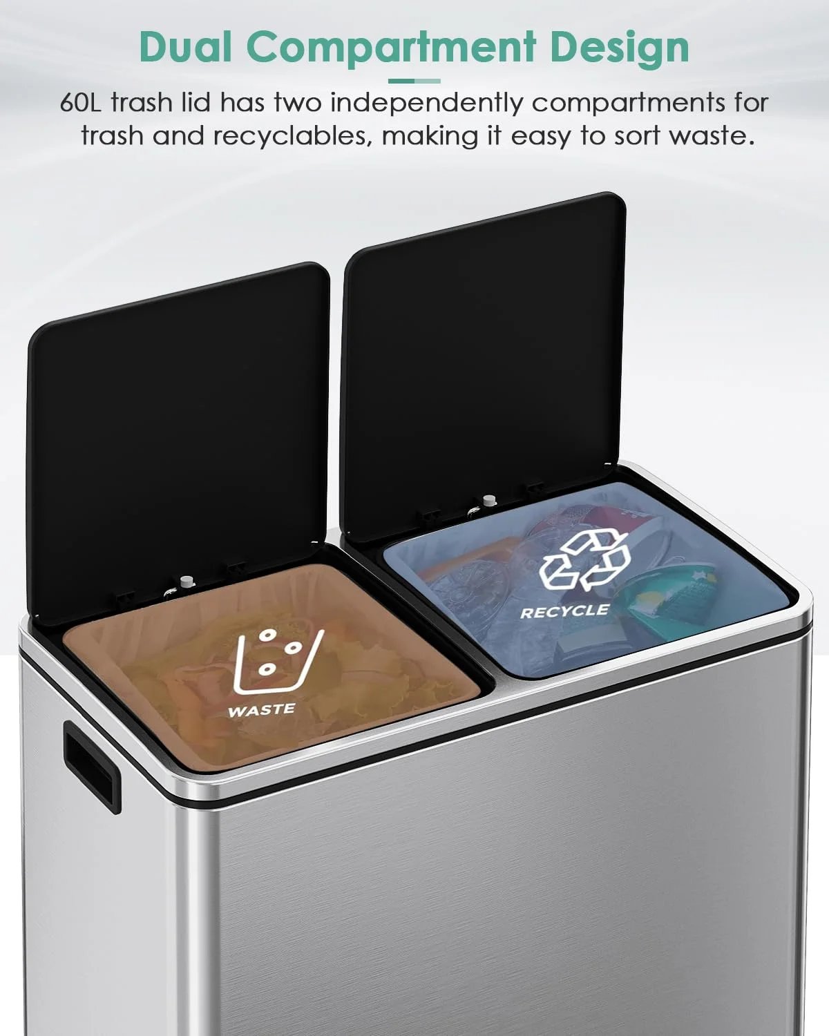 LAZY BUDDY Dual Garbage Can, Stainless Steel 16 Gallon Step Kitchen Trash Can with Soft-Close Lid, Double Compartment Garbage Recycling Bin - Image 21