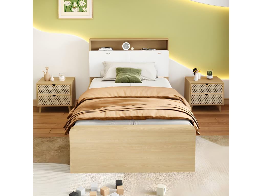 Cama individual 90x200 cm - cabecero abatible y 4 cajones - en MDF y tableros de partículas - Natural