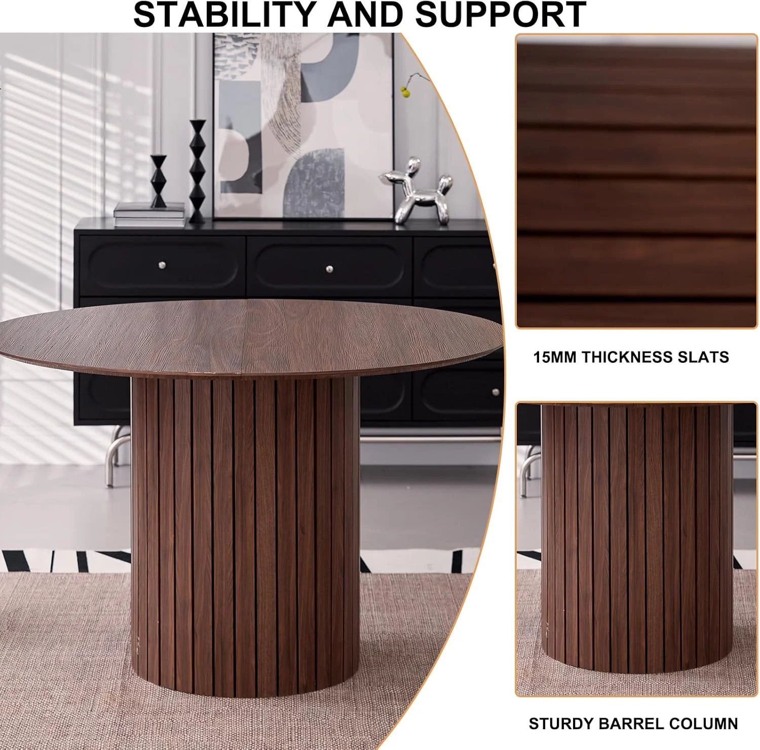 5 Piece Round Dining Table Set - Mid-Century 47 inch Oak Dining Table with 4 Brown Faux Leather Chairs Set, Dinner Table & Chair with Metal Legs for Kitchen Dining Room, Apartment, Bedroom - Image 15
