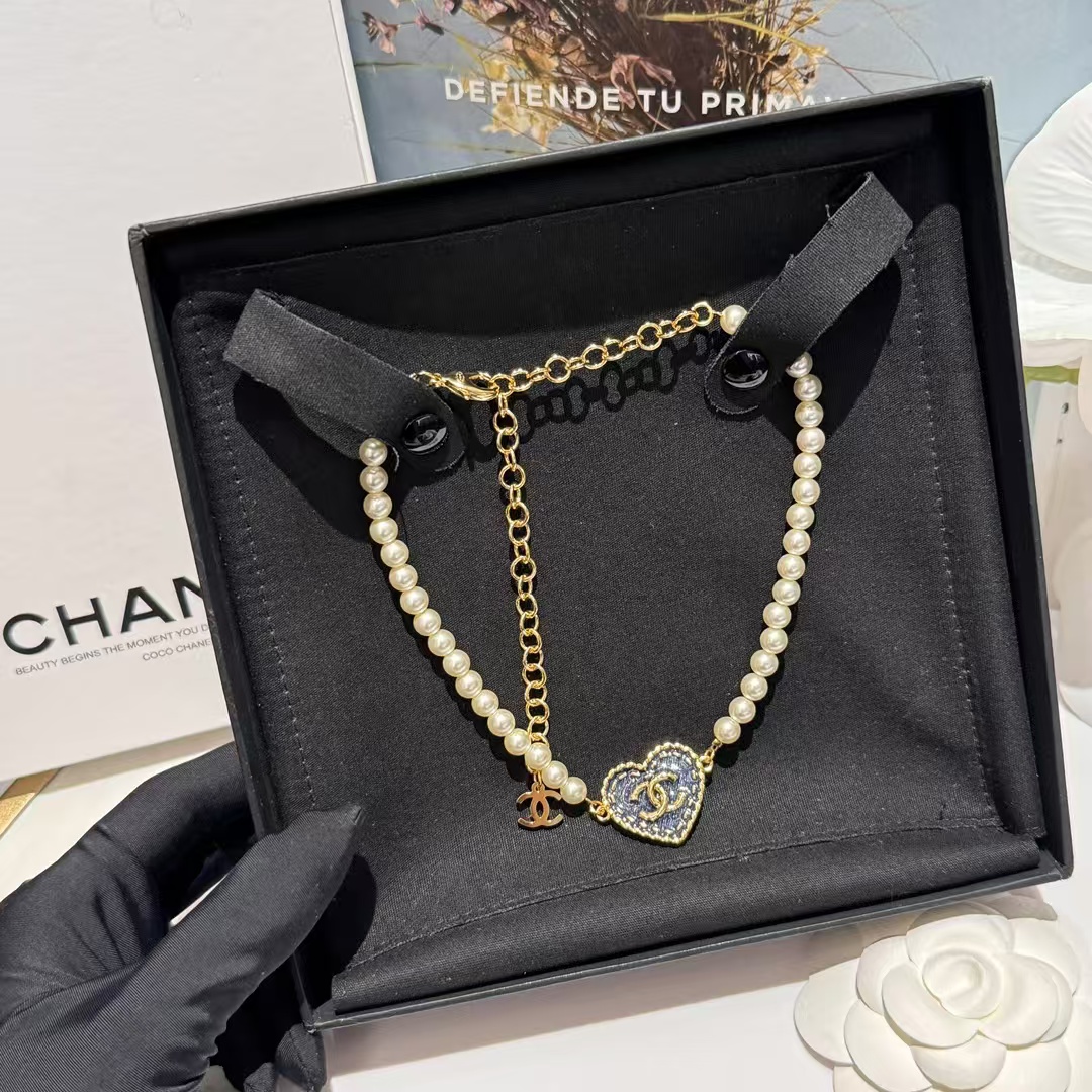 Chanel Denim Heart Pendant Pearl Choker Necklace - Original Replica Club