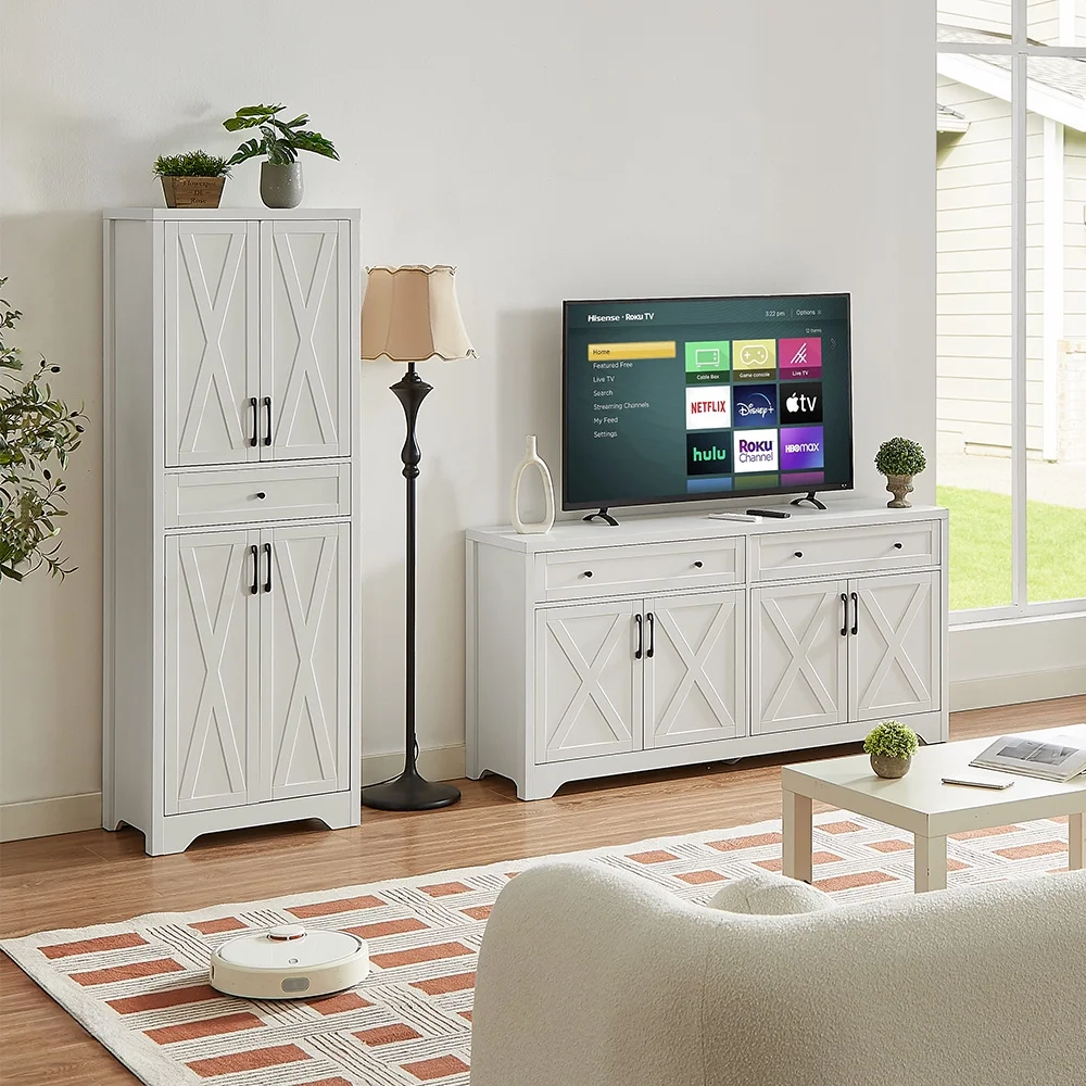 TrumanPick 61"H Large Buffet Sideboard Cabinet, TV Cabinet, Kitchen Pantry for Dining Room, Living Room, 61.3''L x 15''W x 29.8''H, White/Walnut - Image 26