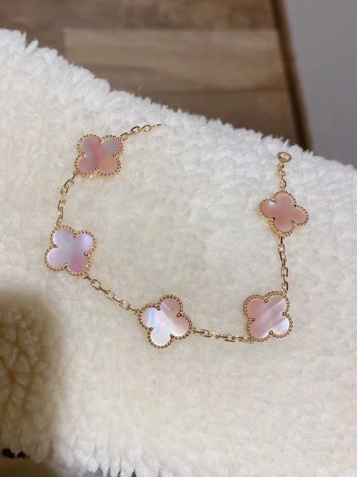 VCA Natural Pink Mother of Pearl Vintage Alhambra Bracelet, 5 Motifs - Original Replica Club