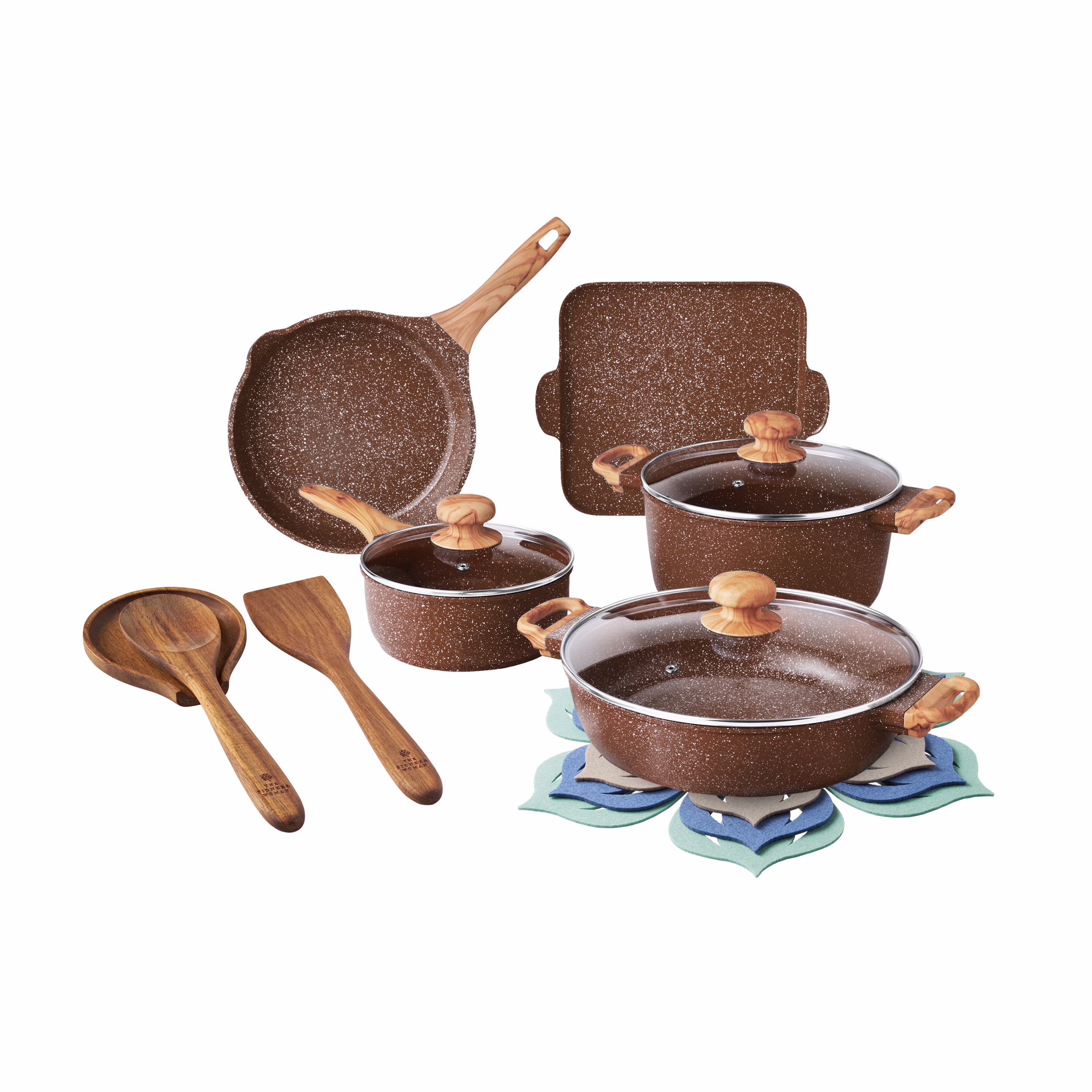 The Pioneer Woman Prairie Signature 14 - Piece Cast Aluminum Cookware Set, Brown Speckle(Brown Speckle)