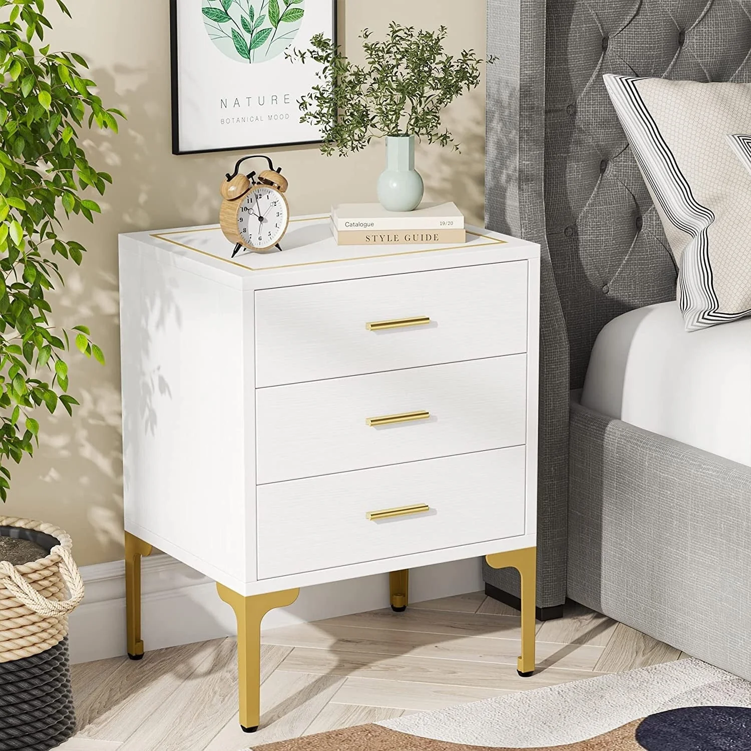 White Gold Nightstand, Modern 3 Drawers Bed Side Table for Bedroom 2 Pcs - Image 4