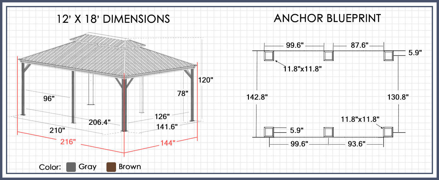 12' X 18' Gazebo Dimensions and Anchoring Blueprint