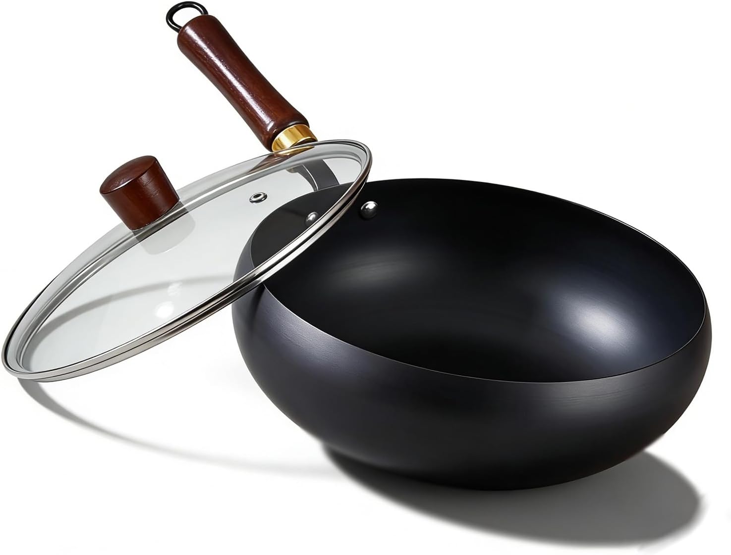 Japanese Cast Iron Wok Pan - Healthy Uncoated Frying Pan with Lid, Hand Hammered Non-Stick Finish, Traditional Cooking Pot Made in Japan (Normal Glass Lid,30cm/12'')