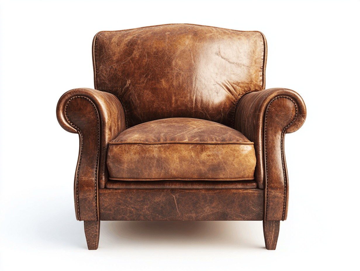 Sillón club vintage de cuero marrón con brazos enrollados y tachuelas decorativas