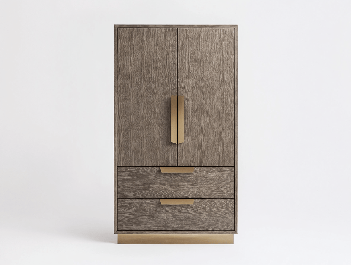 Armario alto moderno con puertas y cajones en madera oscura y tiradores dorados