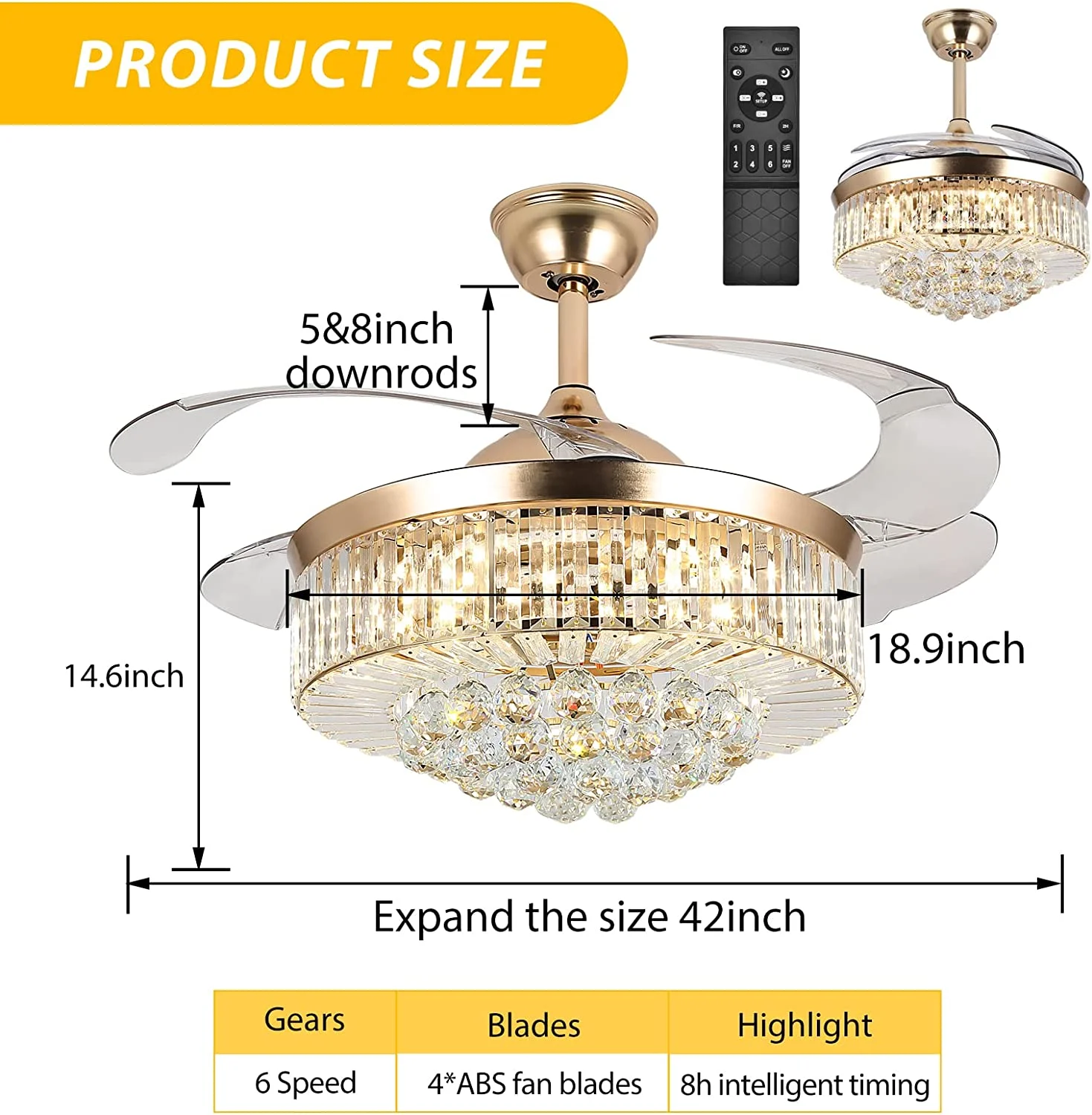 Datingday 42 Inch Crystal Ceiling Fan Golden Crystal Ceiling Fan Chandelier with Remote 6 Speeds 3 Colors Changes Lighting Fixture, 4 Blades Retractable Fans for Bedroom Living Room Dining Room - Image 4
