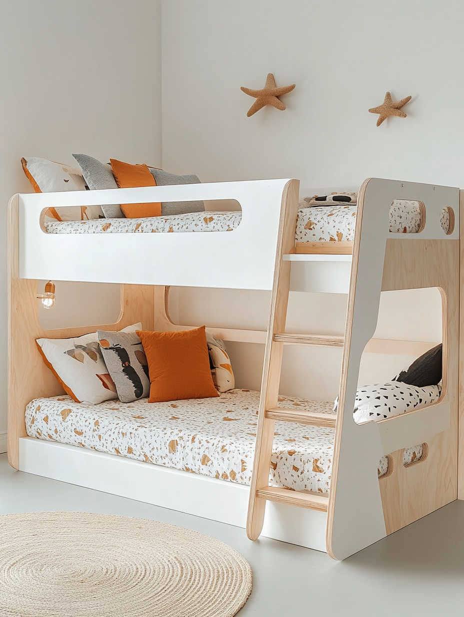 Cama litera madera infantil de pino macizo blanco y natural para dormitorio infantil 257x193x96 cm
