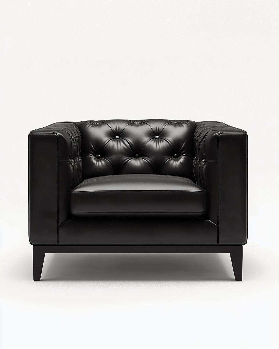 Sillón de cuero negro con diseño capitoné – estructura de madera – estilo clásico elegante