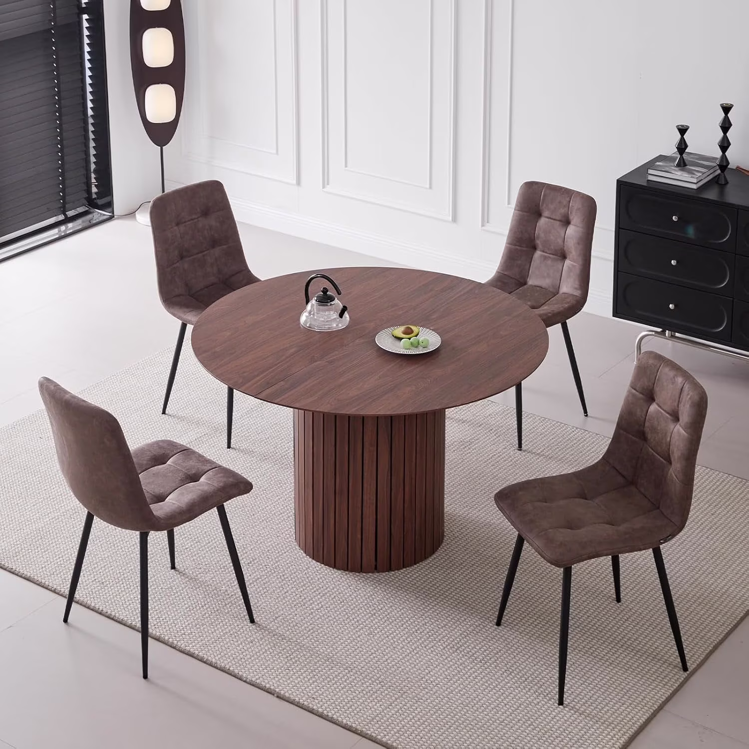 5 Piece Round Dining Table Set - Mid-Century 47 inch Oak Dining Table with 4 Brown Faux Leather Chairs Set, Dinner Table & Chair with Metal Legs for Kitchen Dining Room, Apartment, Bedroom