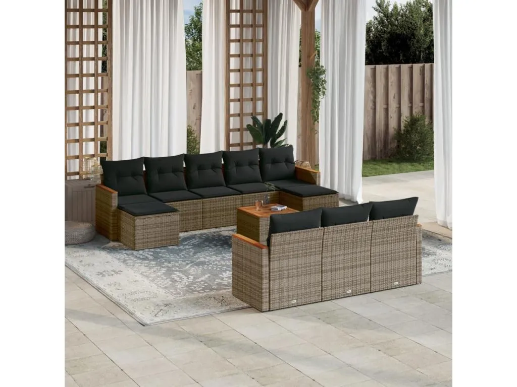 Lluesmamuebles Set de sofás de jardín 11 pzas y cojines ratán sintético gris
