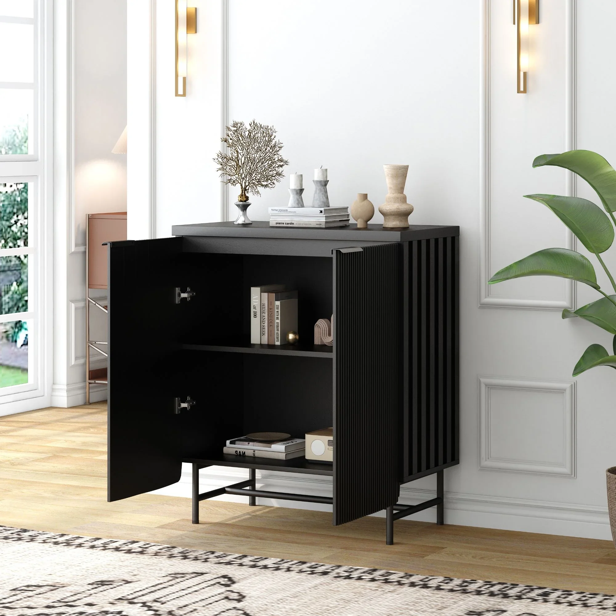 Vivvoo 30" Wood Nightstand Fluted Door Accent Cabinet