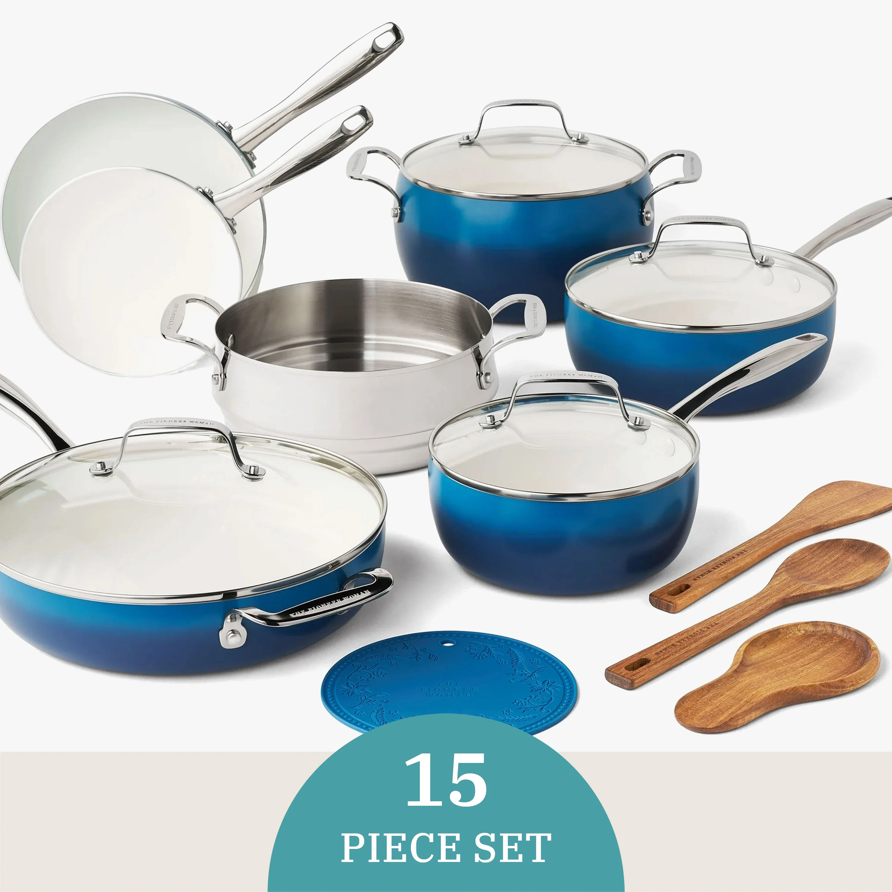 The Pioneer Woman Harlow 15-Piece Cookware Set, Ceramic Non-Stick Pots and Pans Set, Taupe - Image 41