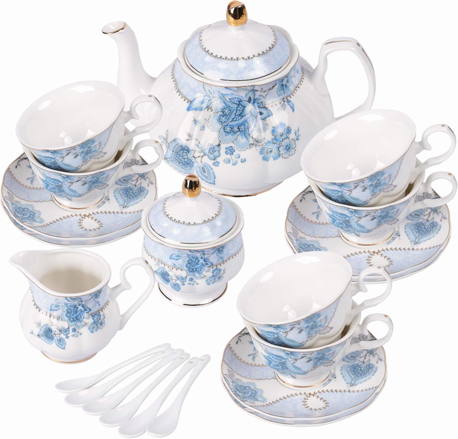 fanquare Vintage Porcelain Tea Set for Women Tea Party, Cup and Saucer Set for 6, Wedding Floral Teapot Set for Adults, Pink Rose