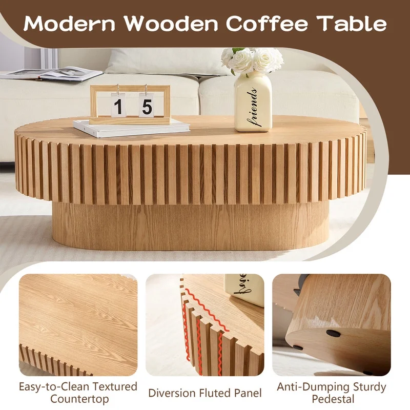FFH 43.7 inch Oval Coffee Table for Living Room,Handcraft Rustic Corner Coffee Table Nature Wood Relief Sturdy Pedestal for Apartmen,Side Table Centre Table,Nature Wood - Image 59