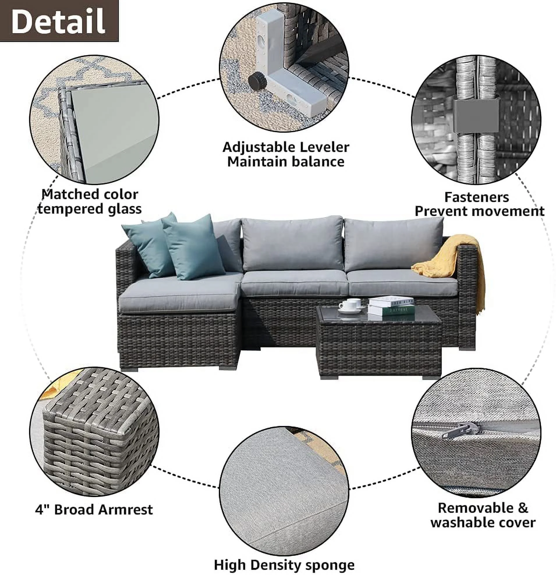 Patiorama 5-Piece Patio Furniture Set, Outdoor Sectional Conversation Set, All-Weather Grey PE Wicker with Light Grey Cushions, Backyard Porch Garden - Image 2