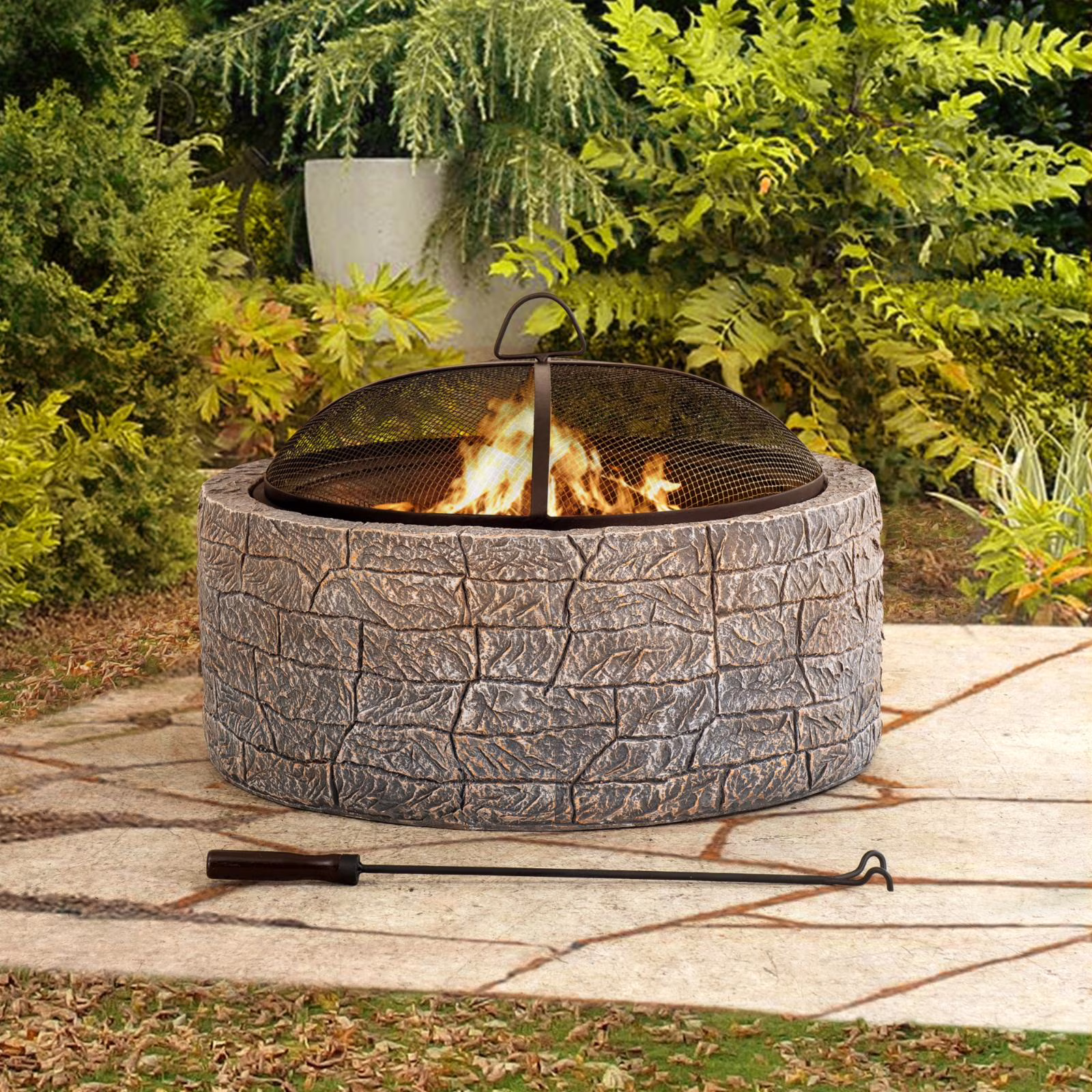 Sunjoy Stone Fire Pit 26 Inch, Outdoor Round Wood Burning Fire Pits with Spark Screen and Poker Grey