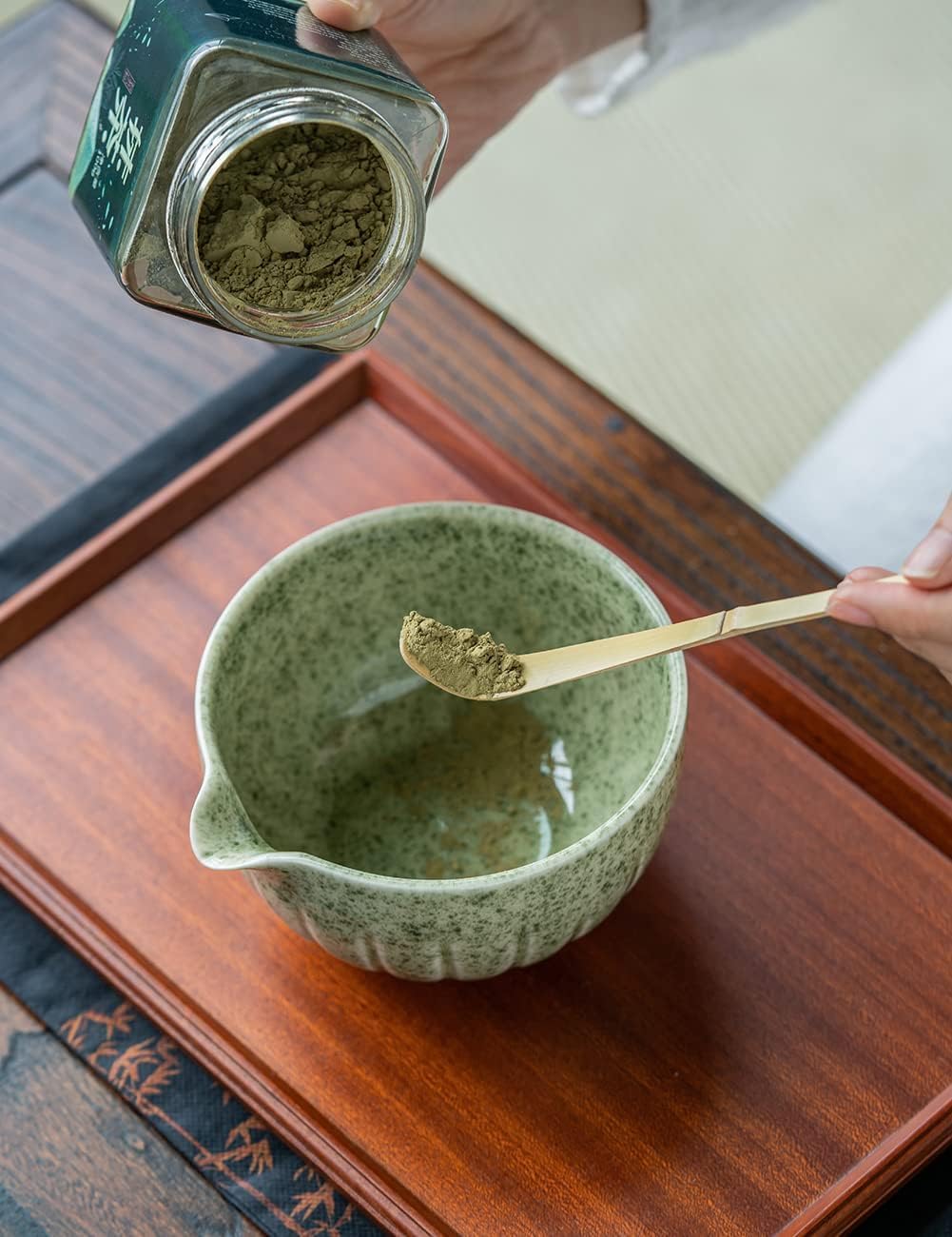 TANG PIN Matcha Set - Match Bowl and Whisk, 15 OZ, Matcha Scoop | Matcha Whisk Stand (Chasen Holder) - 5pc Perfect Matcha Kit for Matcha Tea Ceremony (Mottled Green)